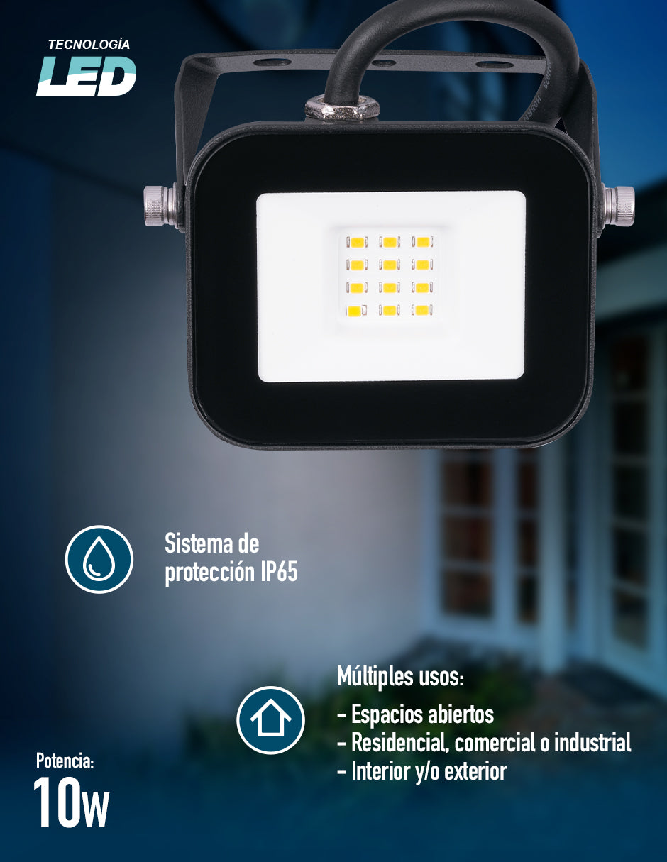 LUMINARIO LED REFLECTOR 10W 3000K 100-240V IP65 NEGRO